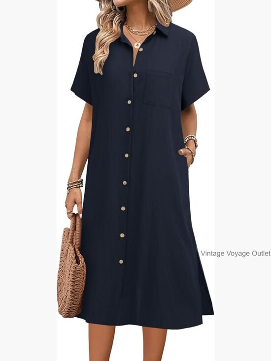 Dresses & Skirts - Casual Midi Dress with Pockets Short Sleeve Button Down Shirt Dress Loose Fit